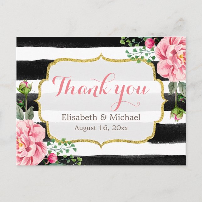 Thank You - Romantic Watercolor Floral Stripes Postcard (Front)