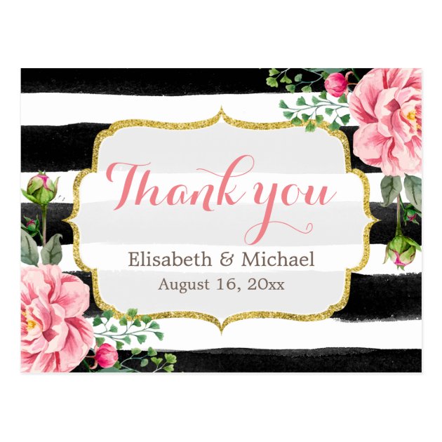 Thank You - Romantic Watercolor Floral Stripes Postcard