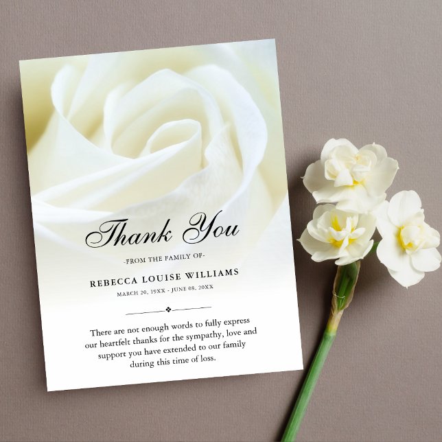 Thank You Rose Floral Funeral Photo Sympathy Grief Card (White Rose Sympathy Thank You Card)