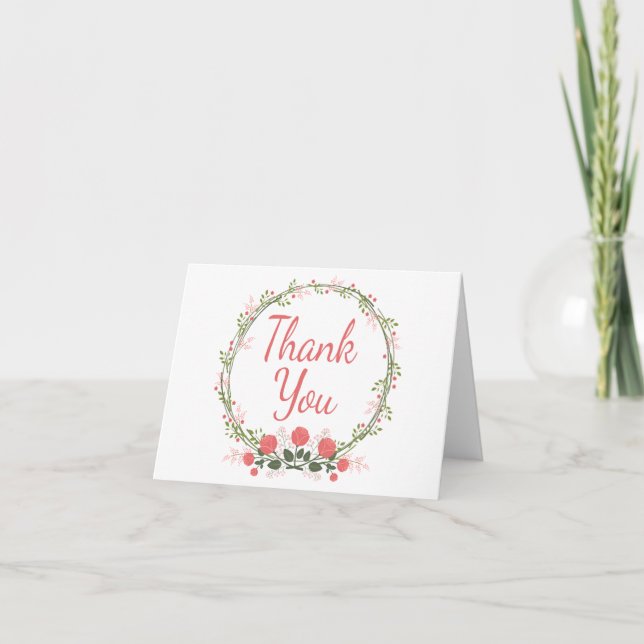 Thank You Rose Floral Wreath Red Pink Card (Front)