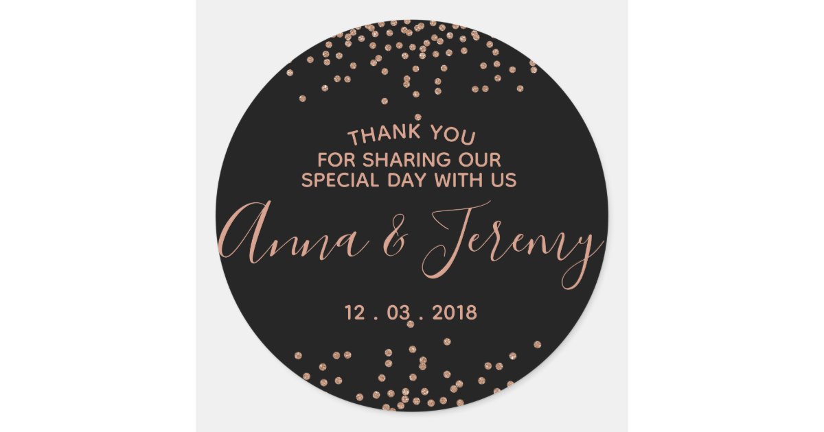 Thank you Rose Gold and Black Confetti Sticker | Zazzle