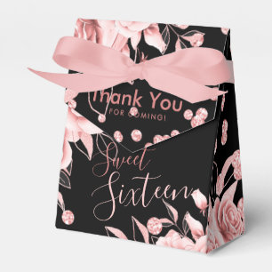Thank You Rose Gold Black Sweet 16 Glitter Floral Favor Boxes