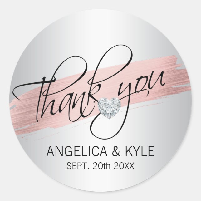 Thank you Rose Gold Diamond Heart Wedding Bridal Classic Round Sticker (Front)