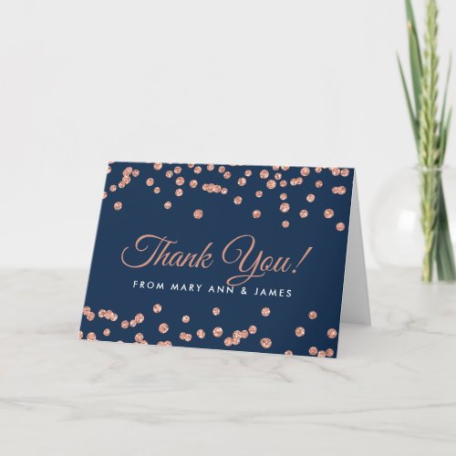 Thank you Rose Gold Faux Glitter Confetti Navy Thank You Card