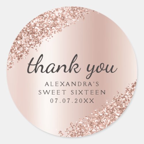 Thank You Rose Gold Glitter Girly Sweet 16 Classic Round Sticker