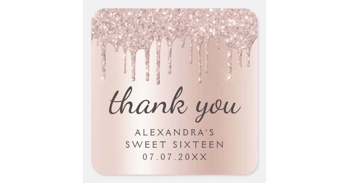 Thank You Rose Gold Glitter Girly Sweet 16 Square Sticker | Zazzle