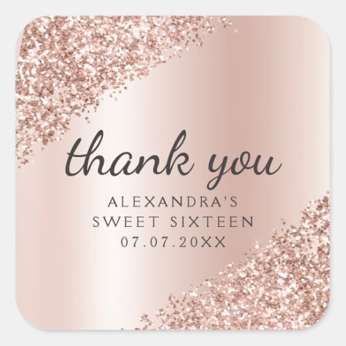 Thank You Rose Gold Glitter Girly Sweet 16 Square Sticker