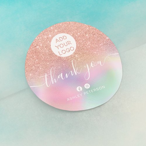 Thank you rose gold glitter holographic media logo classic round sticker