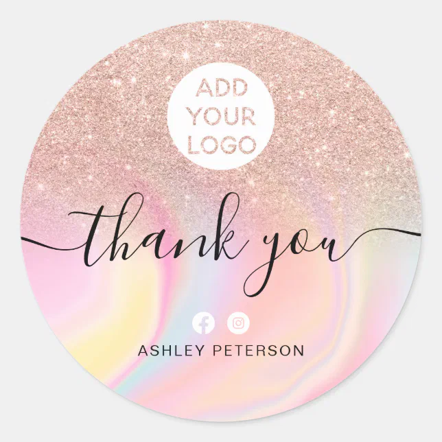 Thank You Rose Gold Glitter Marble Chic Media Logo Classic Round 