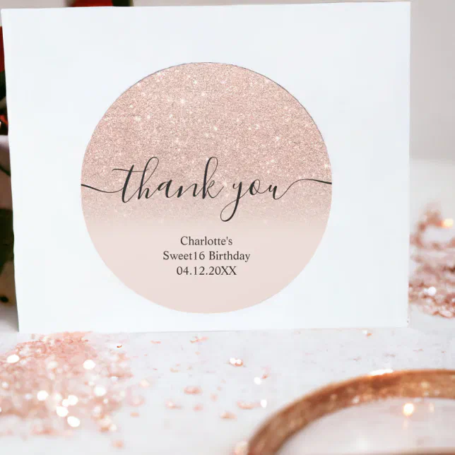 Thank you rose gold glitter ombre Sweet 16 Classic Round Sticker | Zazzle