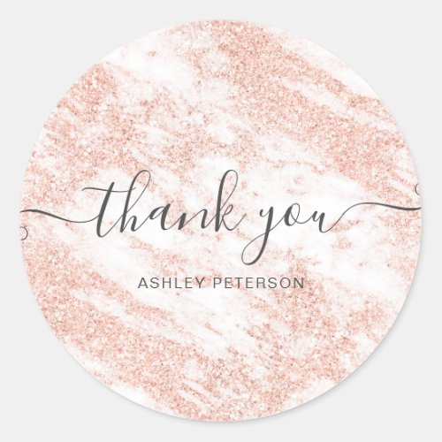 Thank you rose gold glitter white marble classic round sticker