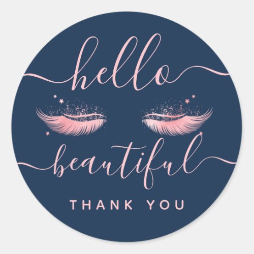 Thank You Rose Gold Lashes Hello Beautiful Navy Classic Round Sticker