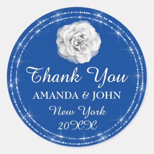 Thank You Rose Royal Blue Name Wedding Bridal 16th Classic Round Sticker