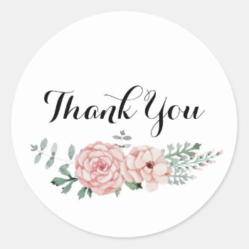 Thank You Round Sticker - Floral Wreath Design by DesignsByZal at Zazzle