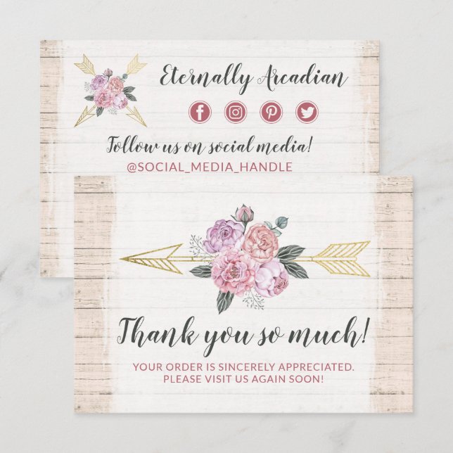 Thank You Rustic Bohemian Floral Arrows Blush Card (Front/Back)