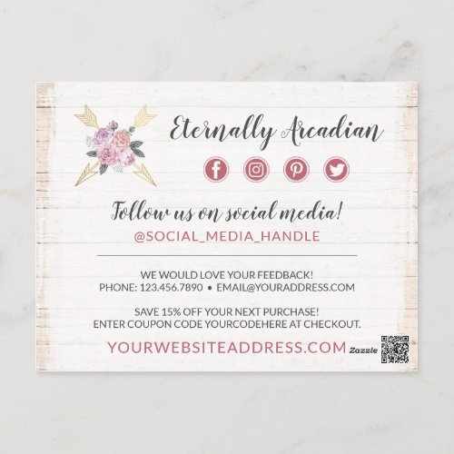 Thank You Rustic Bohemian Floral Arrows Blush Pink Postcard