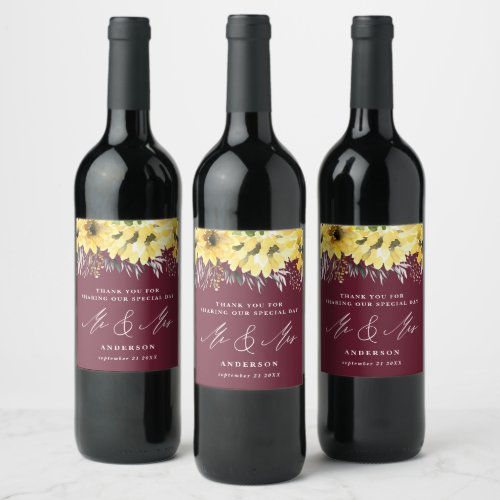 Thank you rustic country sunflower burgundy wine label