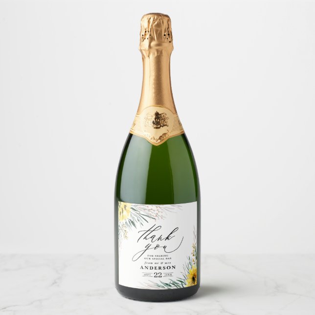 Thank you rustic country sunflower eucalyptus chic sparkling wine label (Front)