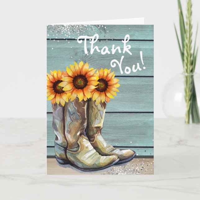 Thank You Rustic Country Western Sunflower Boots Card (Front)