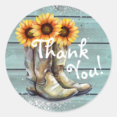 Thank You Rustic Country Western Sunflower Boots Classic Round Sticker