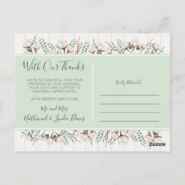 Thank You Rustic Southern Cotton & Wood Newlyweds Postcard (Back)