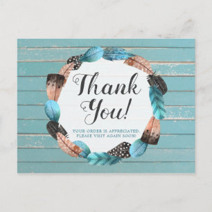 Thank You Rustic Turquoise Wood Feather Arrow Boho Postcard