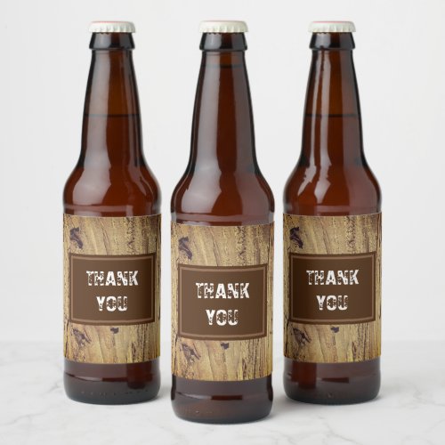 Thank You Rustic Wedding Guest Brown Woodgrain Beer Bottle Label