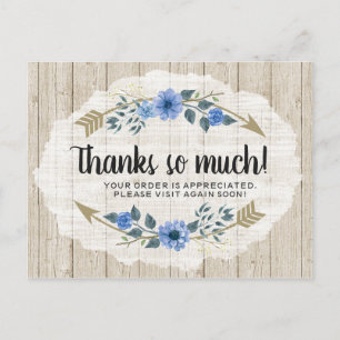 Thank You Rustic Wood & Bohemian Watercolor Floral Postcard