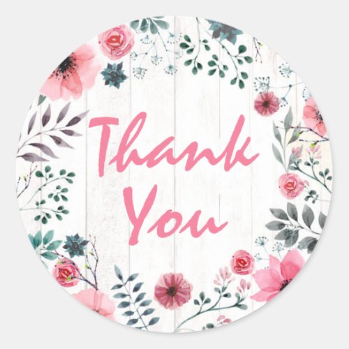 Thank You Rustic Wood Floral Rose Country Wedding Classic Round Sticker