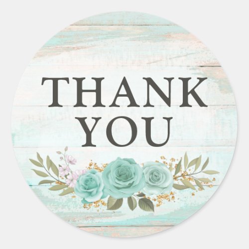 Thank You Rustic Wood Turquoise Floral Roses  Classic Round Sticker