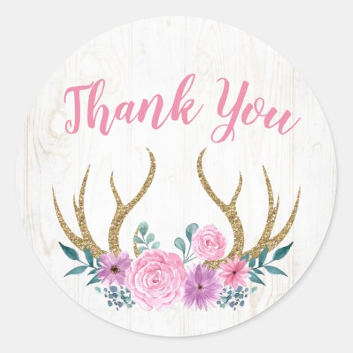 Thank You Rustic Wood  Watercolor Floral Antlers Classic Round Sticker