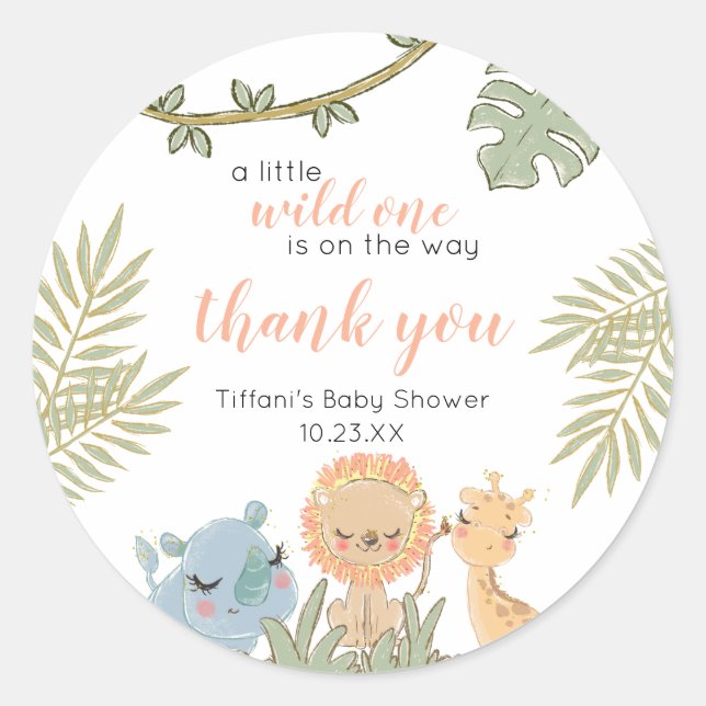 Thank You Safari Wild One Girl Baby Shower  Classic Round Sticker (Front)