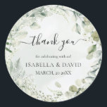 Thank You Sage Green Foliage Rustic Wedding Favor Classic Round Sticker<br><div class="desc">Thank You Sage Green Foliage Rustic Wedding Favor Sticker. This wedding thank you sticker features watercolor greenery foliage with small white flowers & roses creating elegant look for your wedding day. It is perfect for garden, spring, summer, rustic, sage green themed weddings. You can edit/personalize whole Template. If you need...</div>