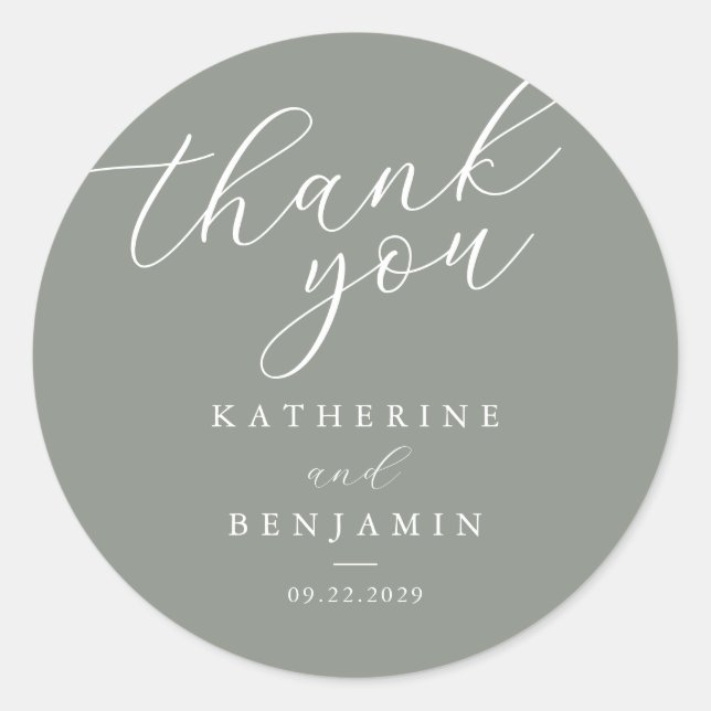 Thank You Sage Green Minimalist Wedding Classic Round Sticker (Front)