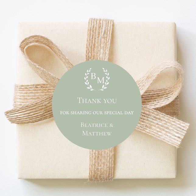 Thank you sage green monogrammed wedding classic round sticker (Creator Uploaded)