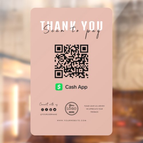 Thank you Scan to Pay Logo QR Code Cash App Pink Window Cling