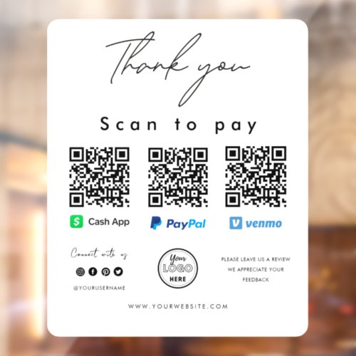Thank you Scan to Pay Logo QR Code Pay Here White Window Cling
