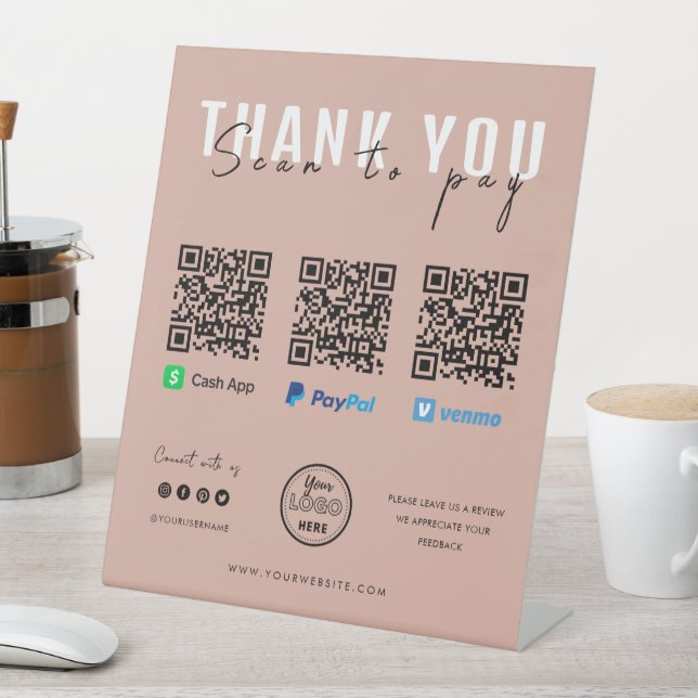 Thank you Scan to Pay Logo QR Code Payment Pink Pedestal Sign (In SItu)