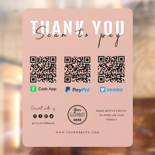 Thank you Scan to Pay Logo QR Code Payment Pink Window Cling (Sheet 2)