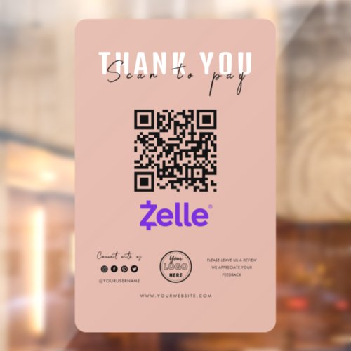 Thank you Scan to Pay Logo QR Code Zelle Pink Window Cling