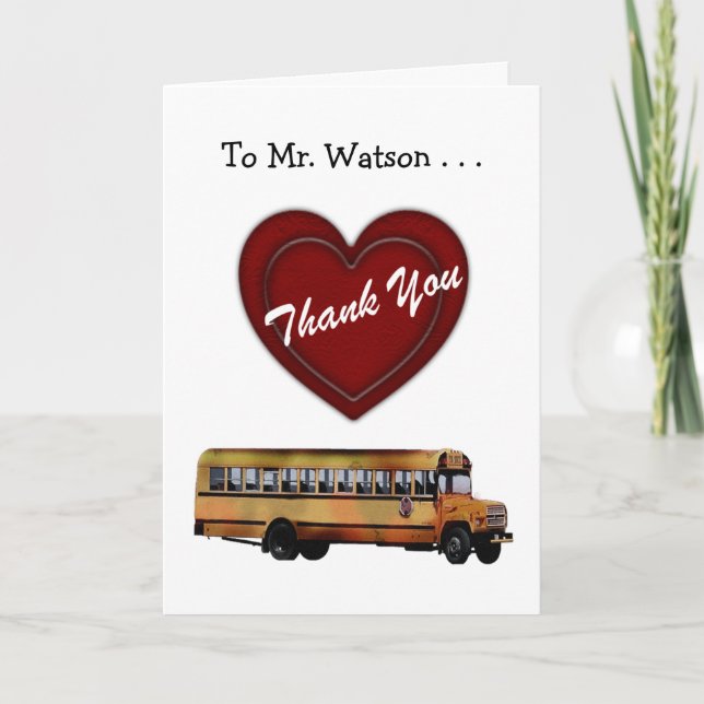 Thank You!-School Bus Driver/Red Heart+Personalize Thank You Card (Front)