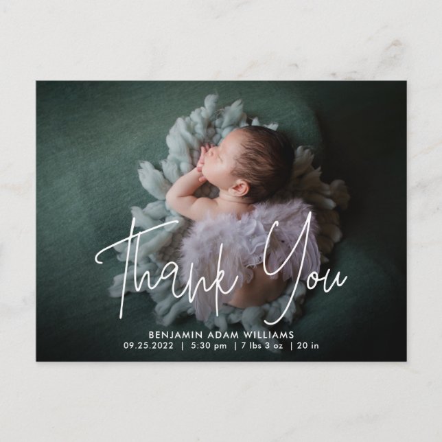Thank You Script Baby Birth Announcement Postcard (Front)