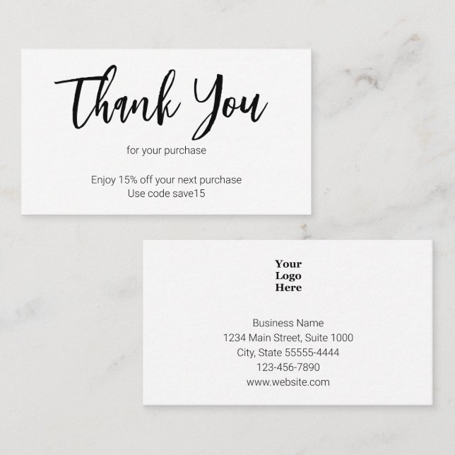 Thank You Script Black and White Business Logo Discount Card (Front/Back)