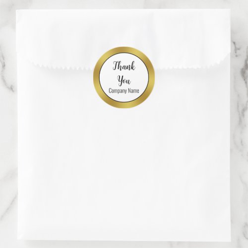 Thank You Script Black White Gold Business Name Classic Round Sticker