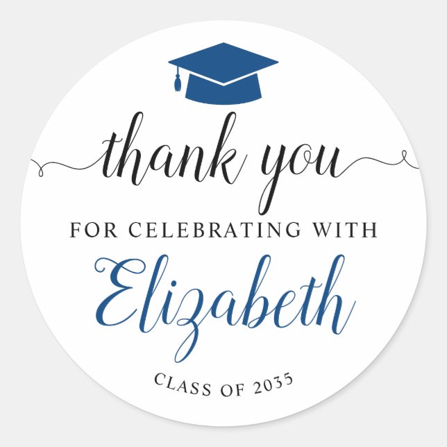 Thank You Script Blue Grad Graduation Party Favor Classic Round Sticker (Front)
