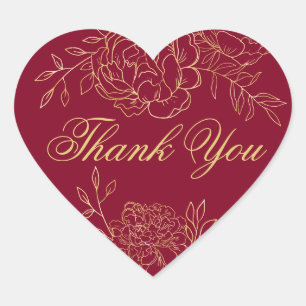 Thank You Script Burgundy Red Gold Outline Flowers Heart Sticker