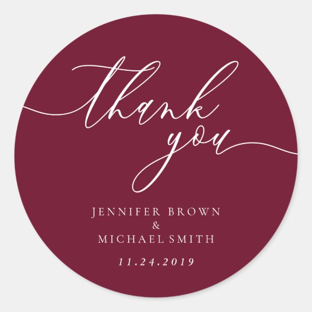 Thank you script burgundy simple names date classic round sticker
