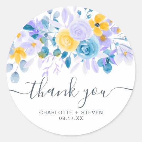Thank you script chic lavender floral watercolor classic round sticker