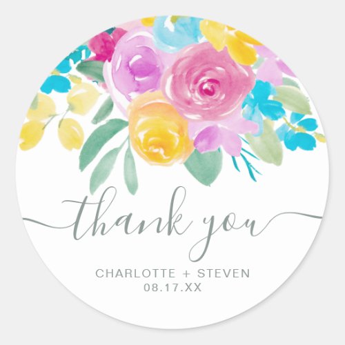 Thank you script chic pink blue floral watercolor classic round sticker