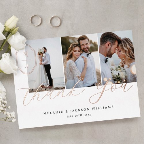 Thank You Script Custom Monogram Wedding 3 Photo Foil Invitation